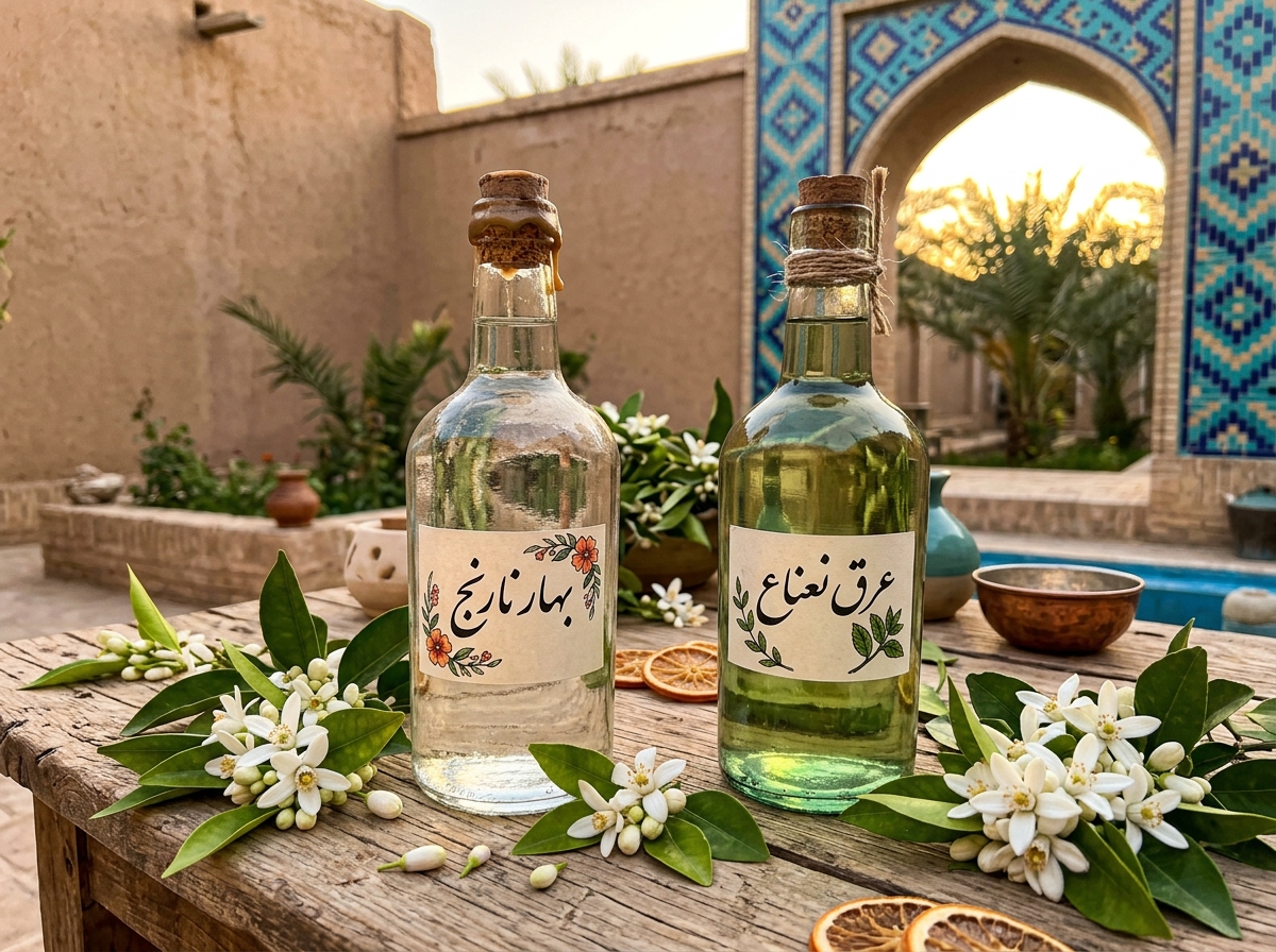 بطری‌های سنتی عرق بهارنارنج و گیاهان دارویی طبس