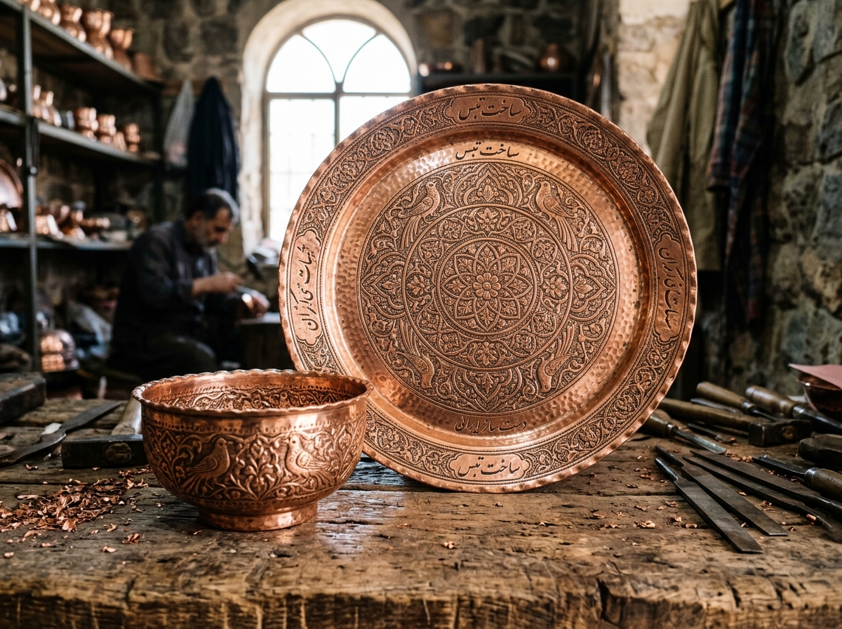 سینی و ظروف مسی قلم‌زنی‌شده طبس