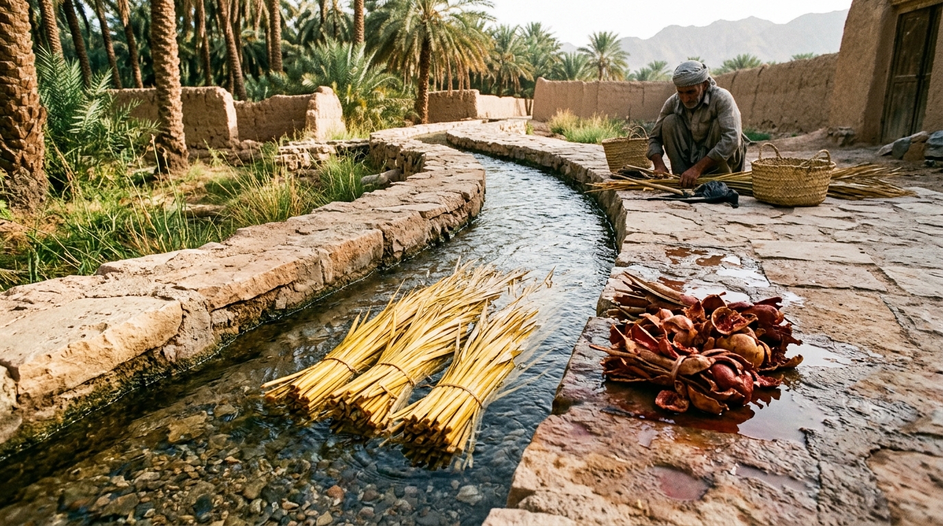 خیساندن الیاف نخل در آب زلال قنات و رنگرزی سنتی با پوست انار
